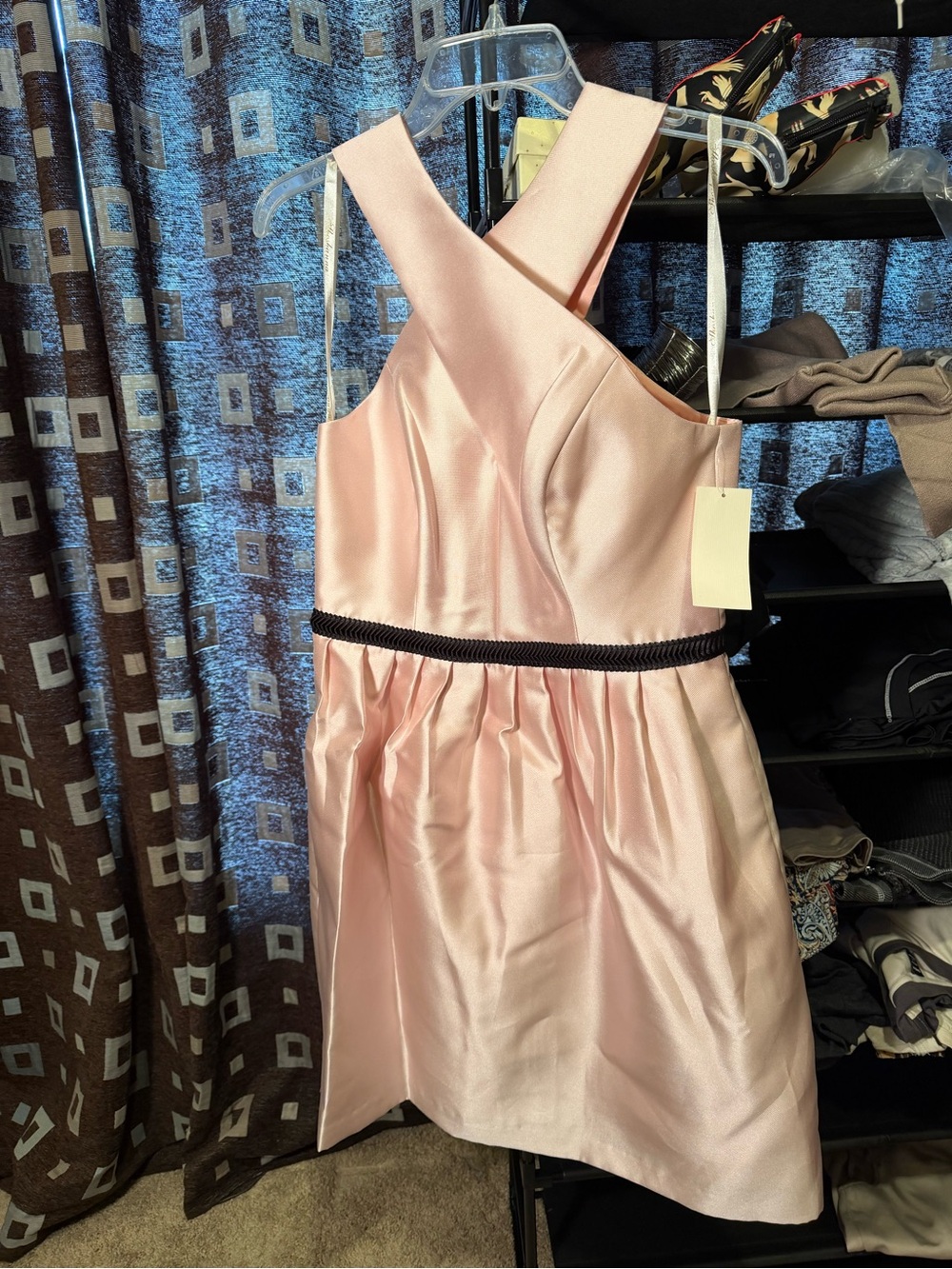 Shoshanna Blush Pink Satin Cross-Back Cocktail Dress with Black Trim